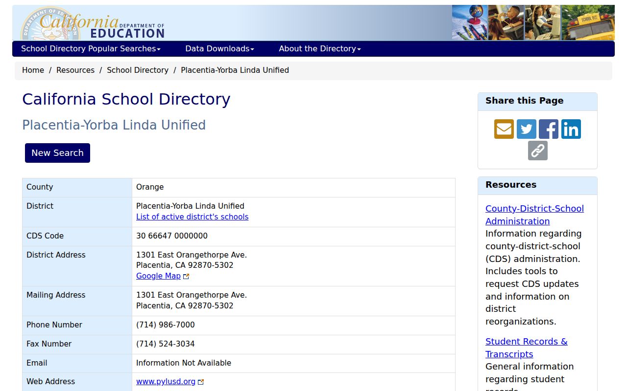 Yorba Linda people directories entry for Placentia-Yorba Linda Unified