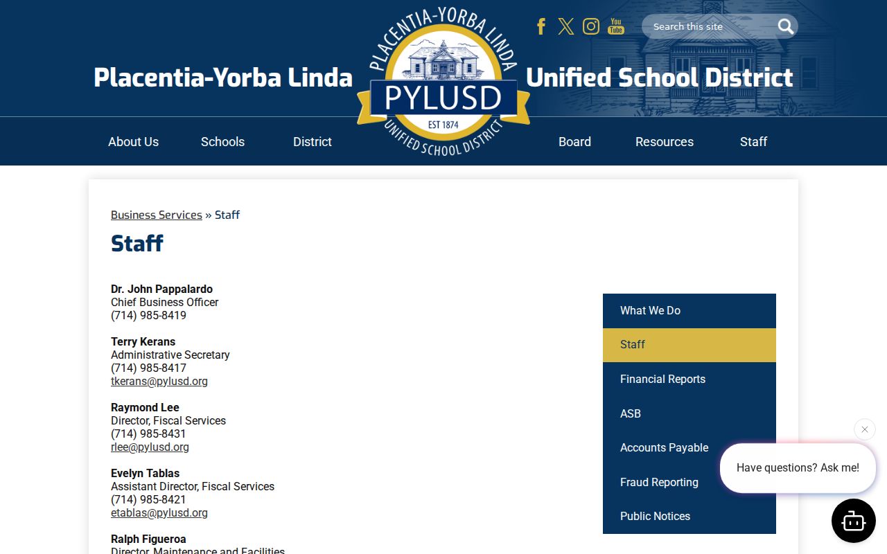Yorba Linda people directories page for PYLUSD staff