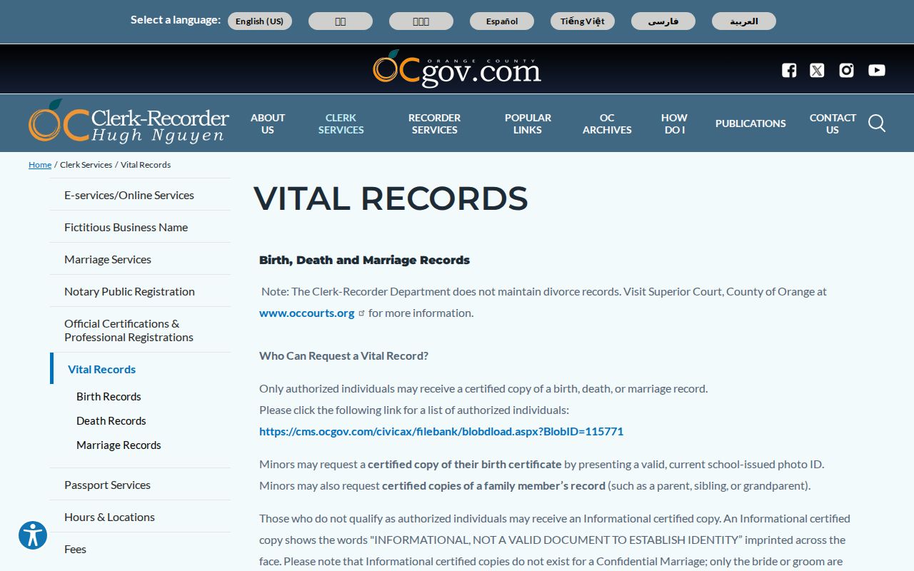 Yorba Linda records page for Orange County Clerk-Recorder vital certificates