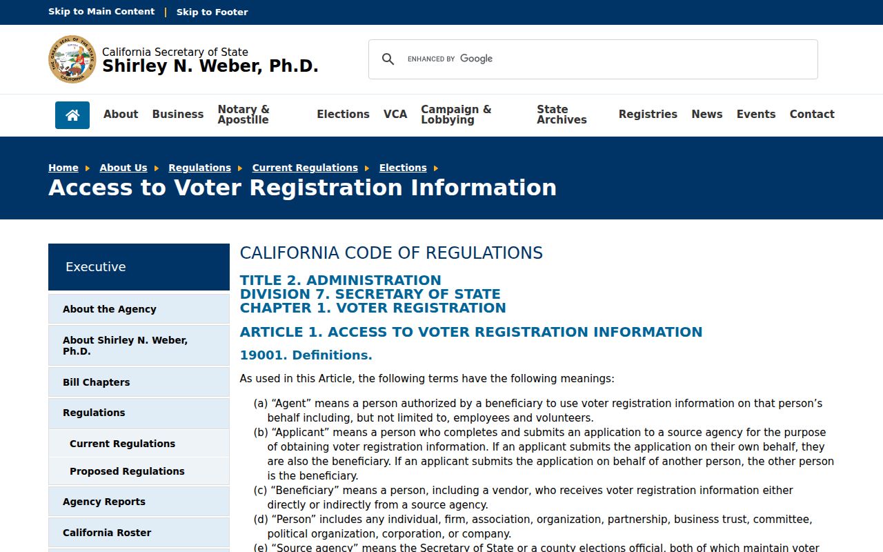 Yorba Linda voter registration access regulations from the California Secretary of State
