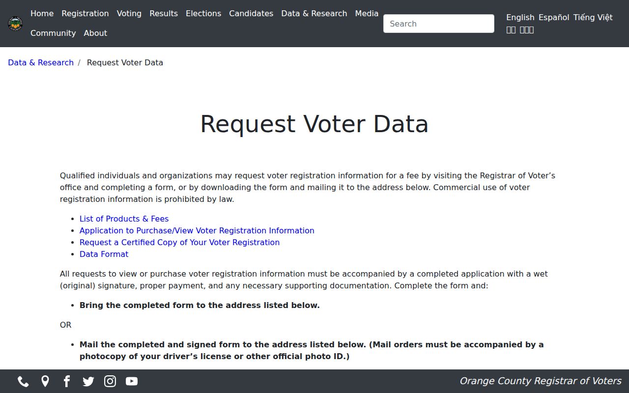 Yorba Linda voter registration data request instructions from Orange County